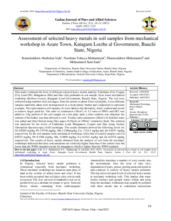 (PDF) Assessment of selected heavy metals in soil samples from ...