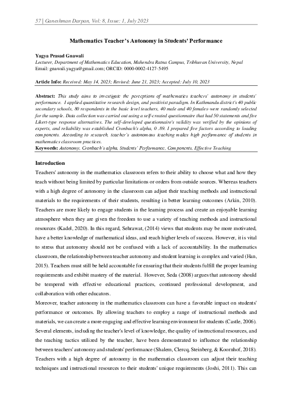 (PDF) Mathematics Teacher’s Autonomy in Students' Performance