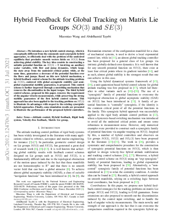 (PDF) Hybrid Feedback for Global Tracking on Matrix Lie Groups $SO(3 ...