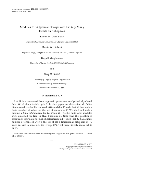 (PDF) Modules for Algebraic Groups with Finitely Many Orbits on Subspaces