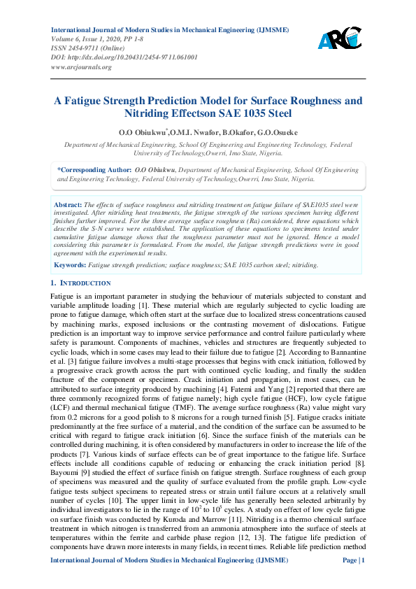 (PDF) A Fatigue Strength Prediction Model for Surface Roughness and ...