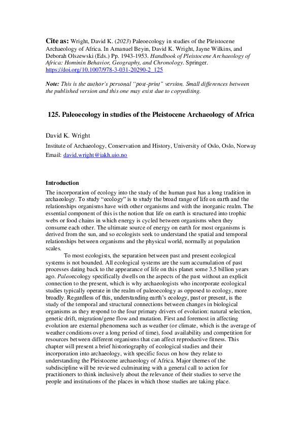 (PDF) Paleoecology in studies of the Pleistocene Archaeology of Africa