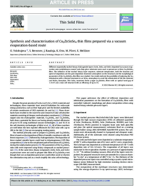 (PDF) Synthesis and characterisation of Cu2ZnSnSe4 thin films prepared ...