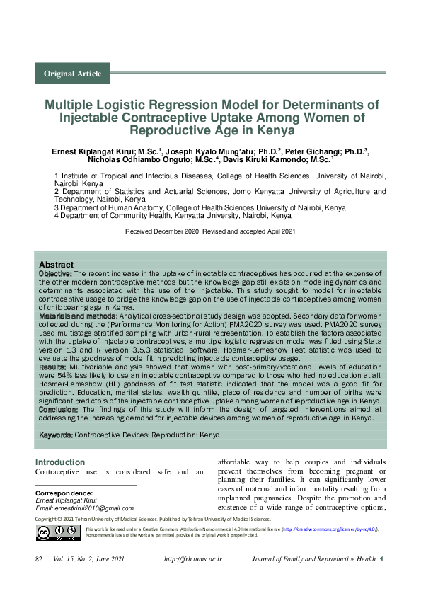 (PDF) Multiple Logistic Regression Model for Determinants of Injectable ...