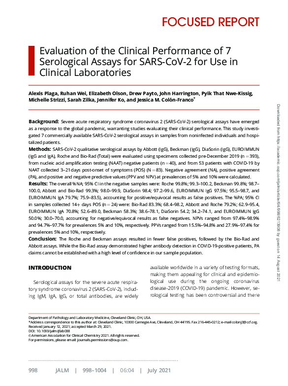 (PDF) Evaluation of the Clinical Performance of 7 Serological Assays ...