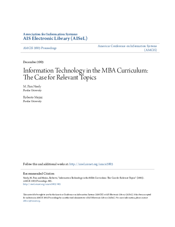 Information technology in the MBA curriculum: The Case for relevant topics
