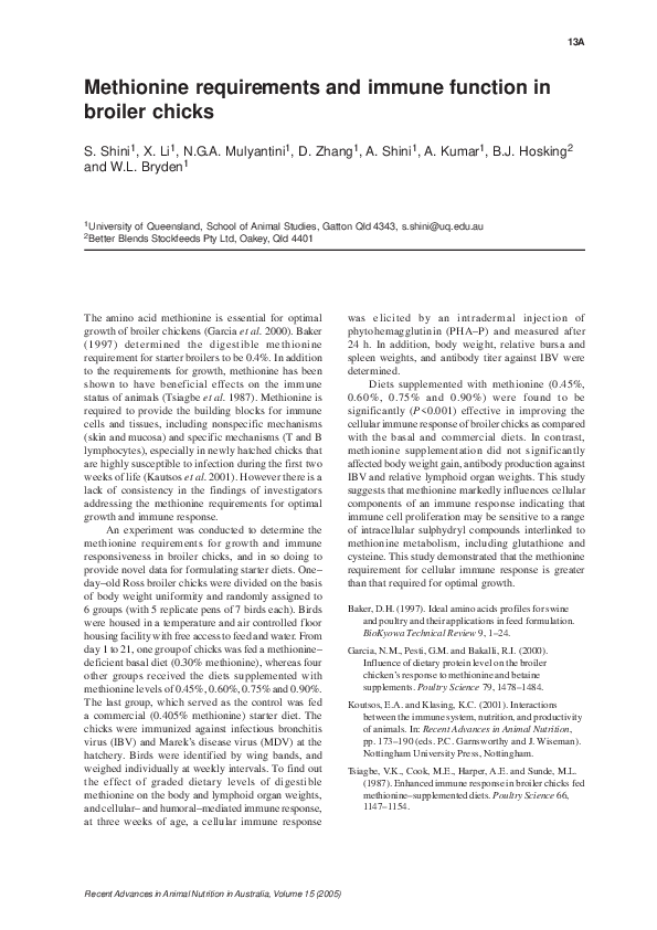 (PDF) Methionine requirements and immune function in broiler chicks