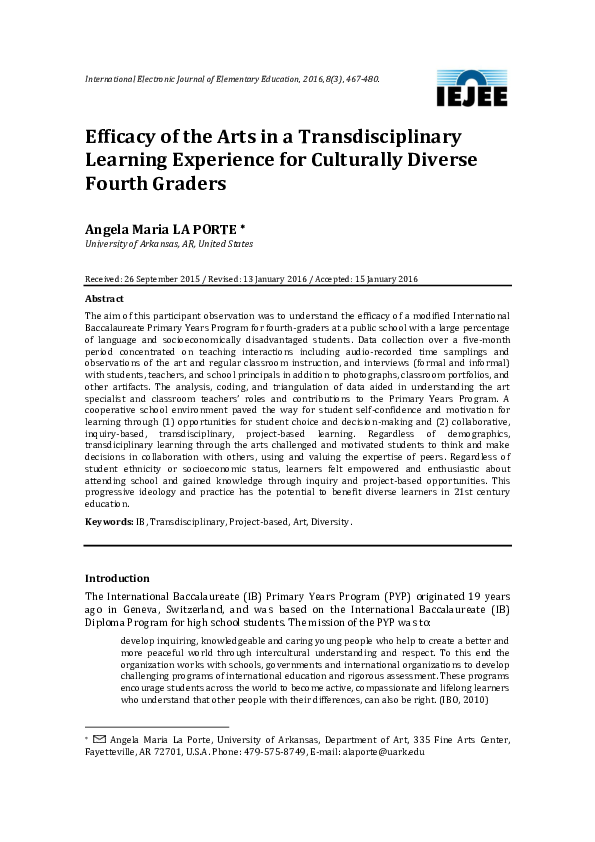 (PDF) Efficacy of the Arts in a Transdisciplinary Learning Experience ...