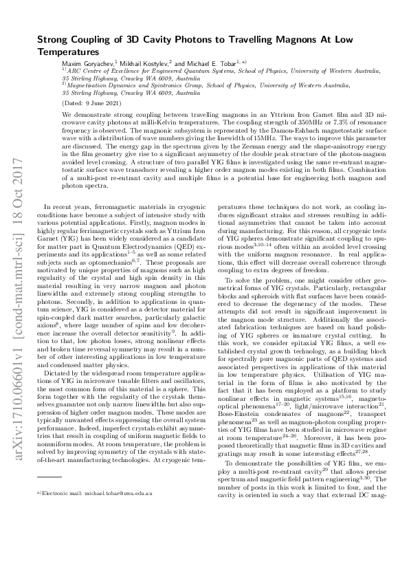 (PDF) Strong Coupling of 3D Cavity Photons to Travelling Magnons At Low ...
