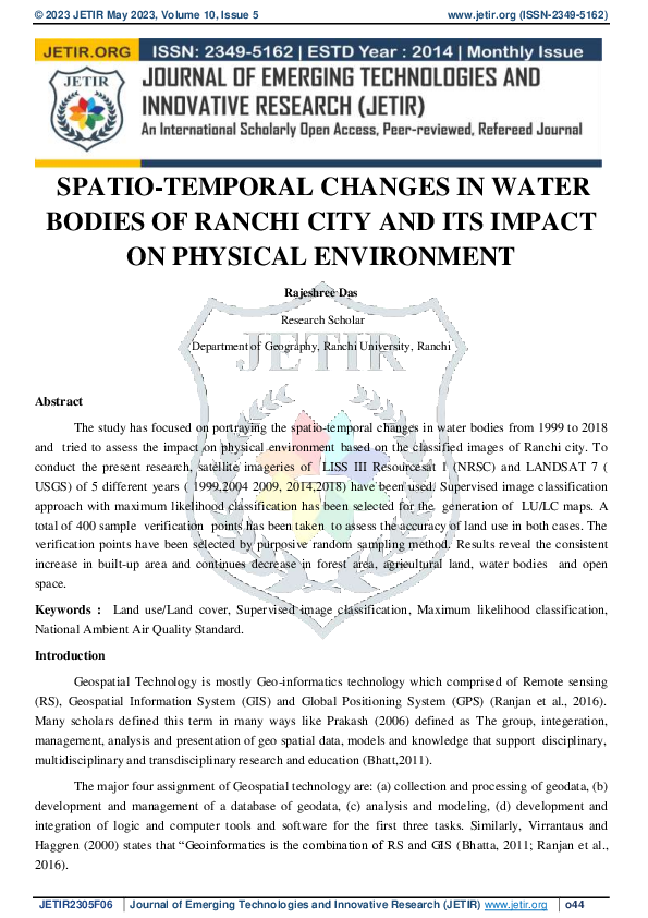 (PDF) SPATIO-TEMPORAL CHANGES IN WATER BODIES OF RANCHI CITY AND ITS ...