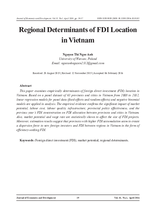 (PDF) Regional Determinants of FDI Location in Vietnam