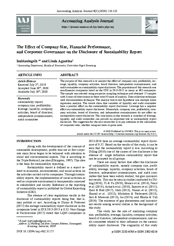(PDF) The Effect of Company Size, Financial Performance, and Corporate ...