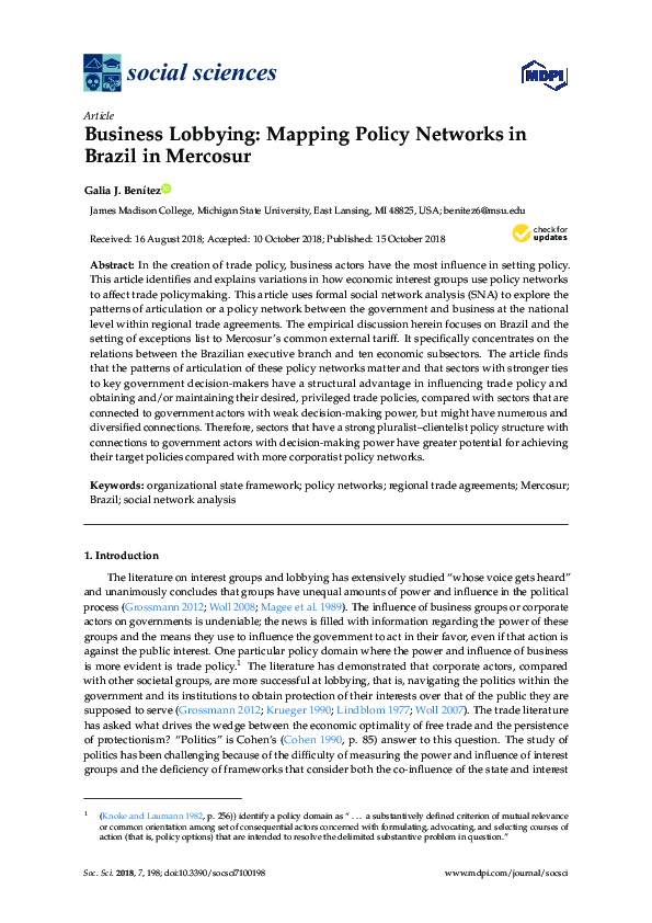 (PDF) Business Lobbying: Mapping Policy Networks in Brazil in Mercosur