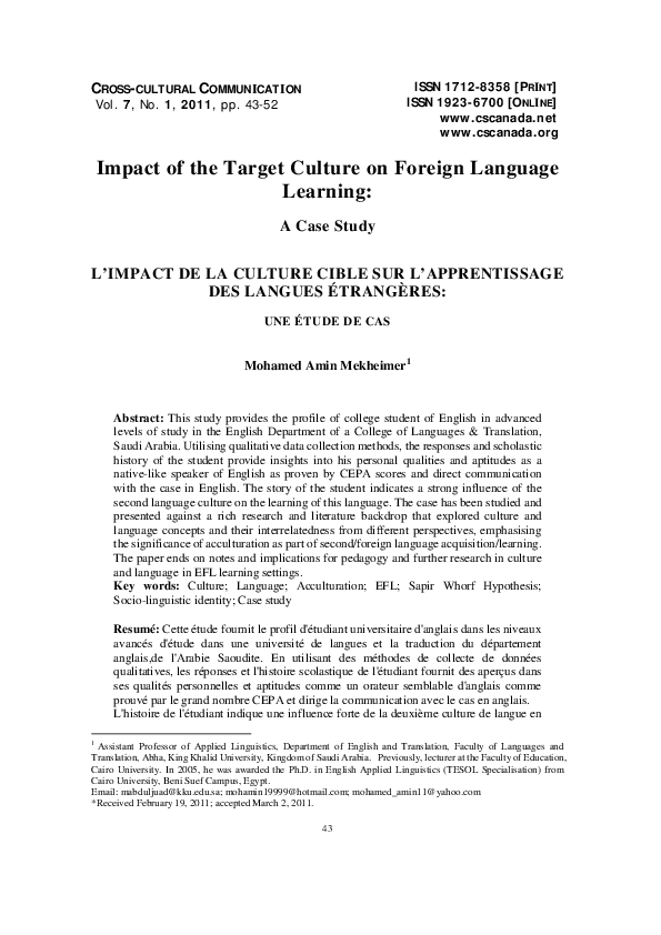 (PDF) Impact of the Target Culture on Foreign Language Learning: A Case ...