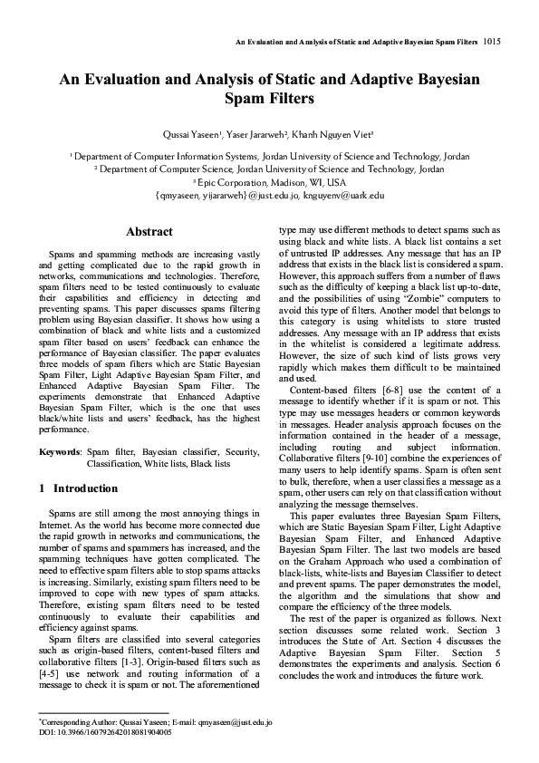(PDF) An Evaluation and Analysis of Static and Adaptive Bayesian Spam ...