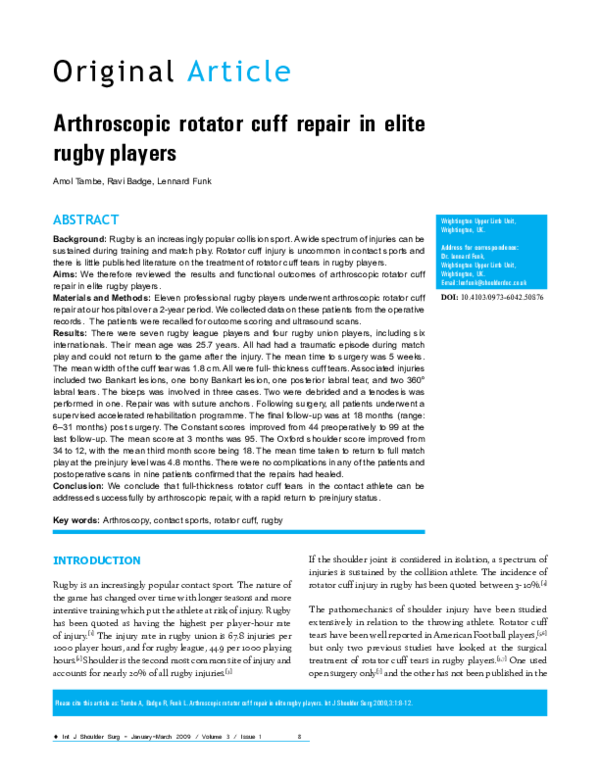 (PDF) Arthroscopic rotator cuff repair in elite rugby players