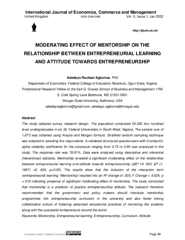 (PDF) MODERATING EFFECT OF MENTORSHIP ON THE RELATIONSHIP BETWEEN ...