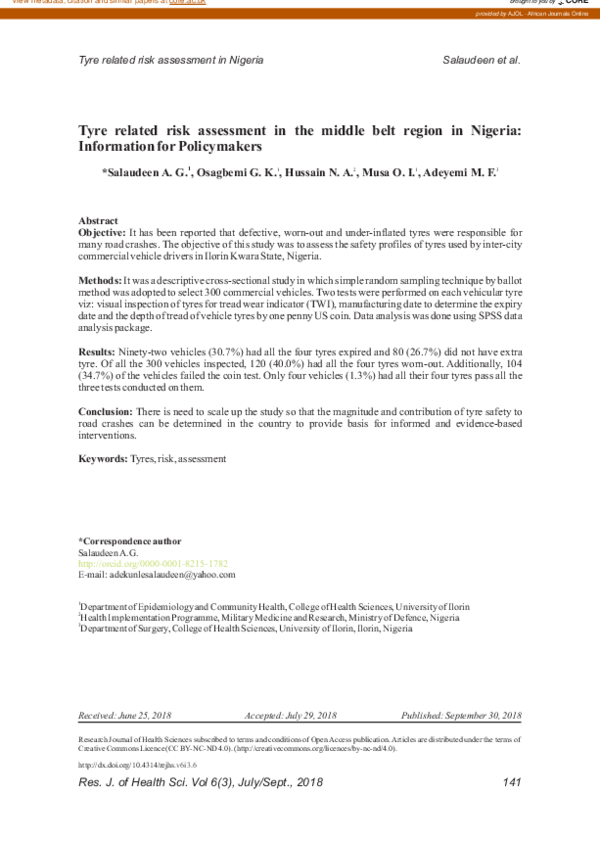 (PDF) Tyre related risk assessment in the middle belt region in Nigeria ...