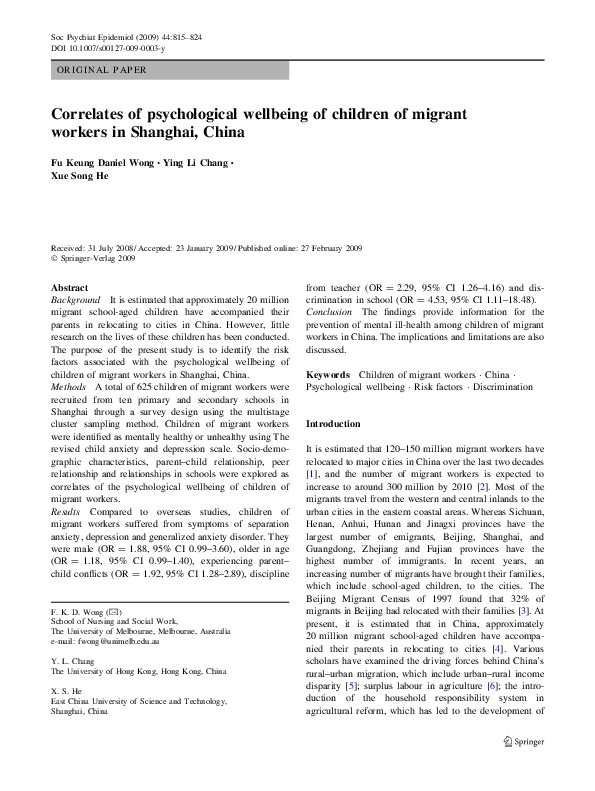(PDF) Correlates of psychological wellbeing of children of migrant ...