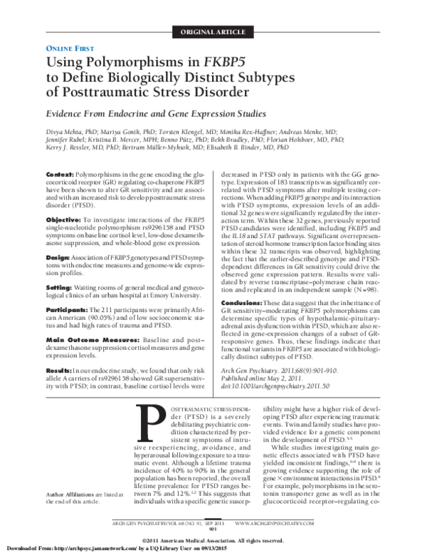 (PDF) Using polymorphisms in FKBP5 to define biologically distinct ...