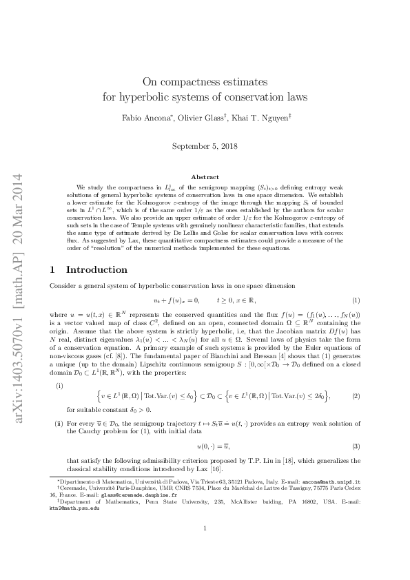 (PDF) On compactness estimates for hyperbolic systems of conservation laws