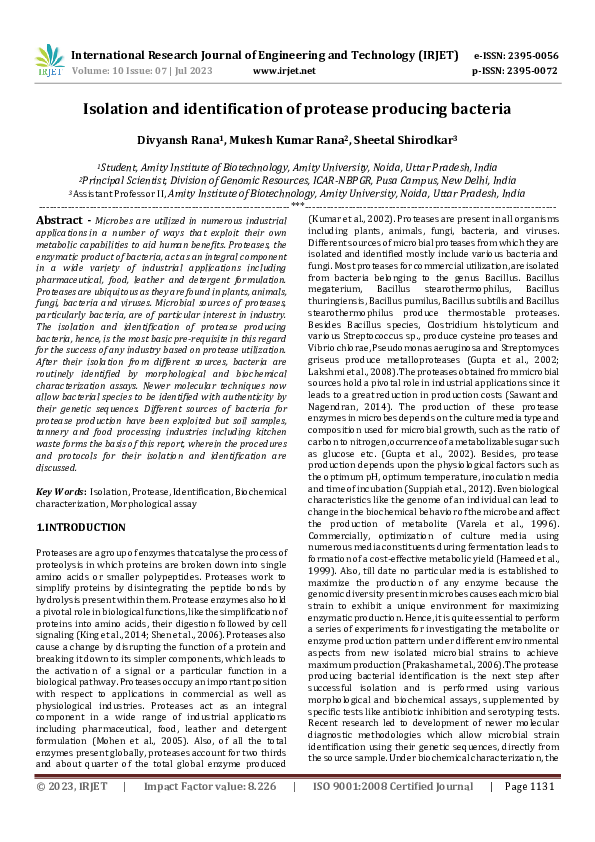 (PDF) Isolation and identification of protease producing bacteria
