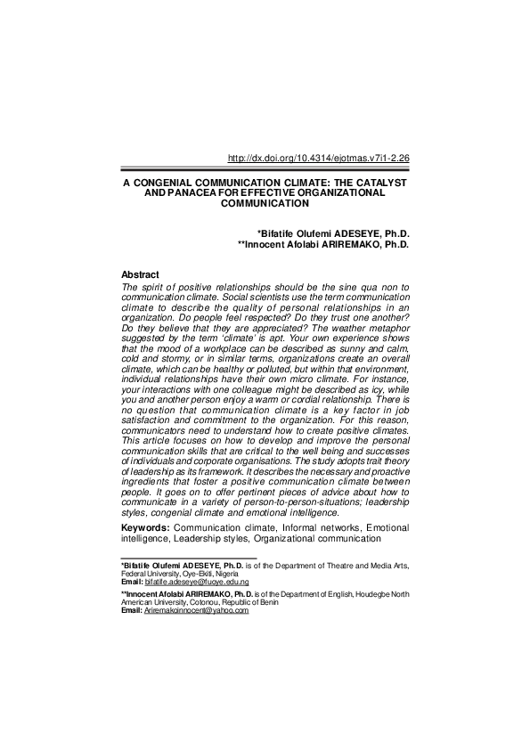 (PDF) A CONGENIAL COMMUNICATION CLIMATE: THE CATALYST AND PANACEA FOR ...