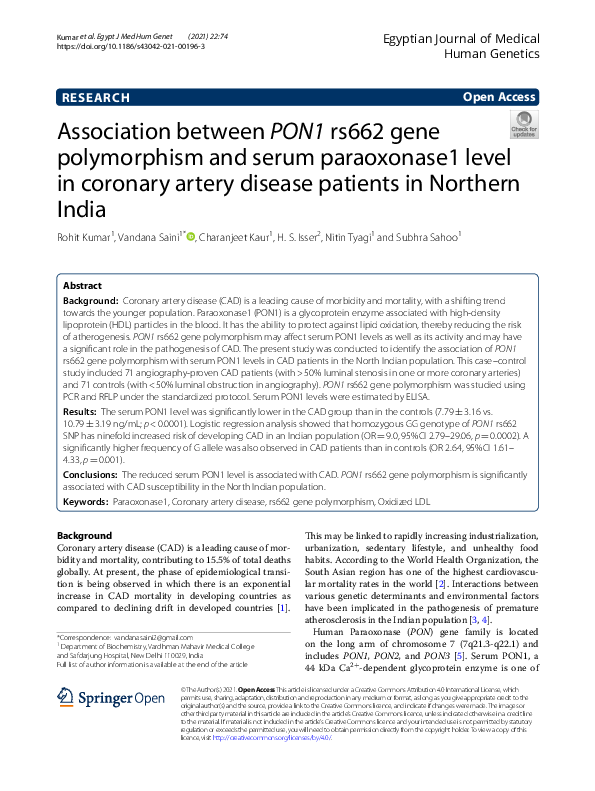 (PDF) Association between PON1 rs662 gene polymorphism and serum ...