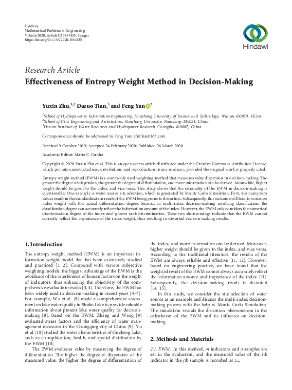 (PDF) Effectiveness of Entropy Weight Method in Decision-Making