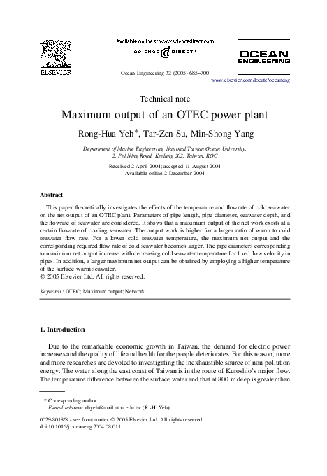 (PDF) Maximum output of an OTEC power plant