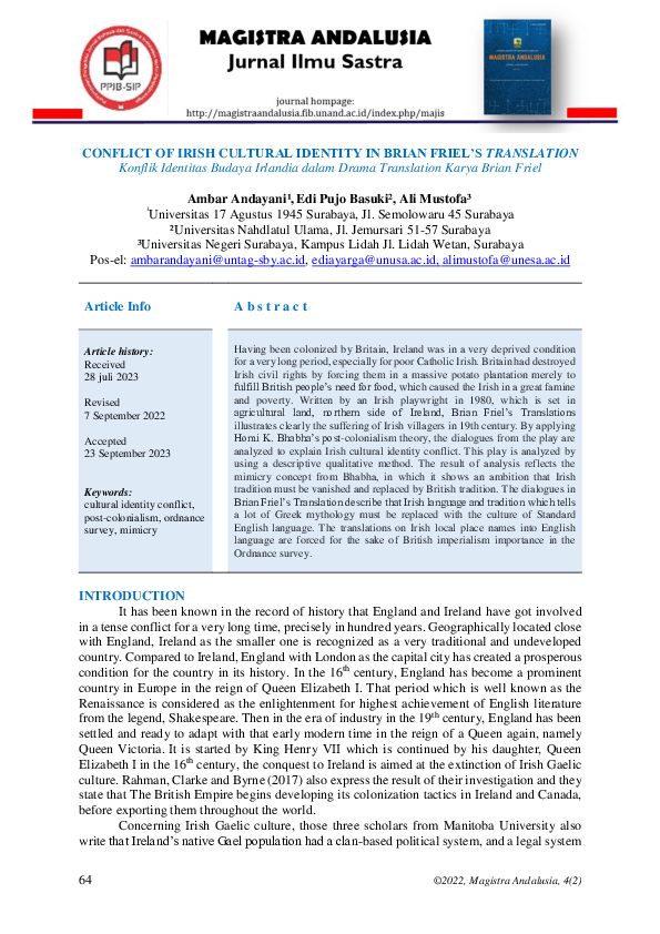 (PDF) Conflict of Irish Cultural Identity in Brian Friel’s Translation