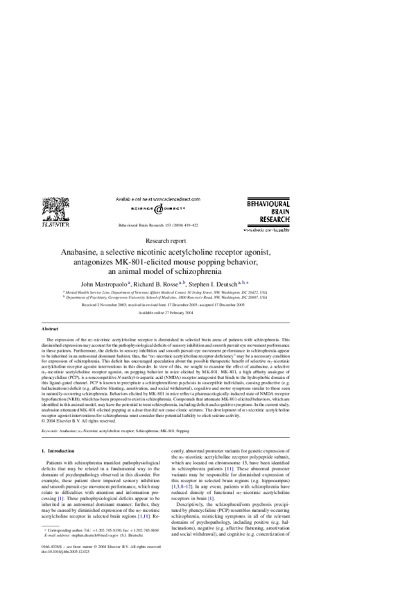 Anabasine, a selective nicotinic acetylcholine receptor agonist, antagonizes MK-801-elicited mouse popping behavior, an animal model of schizophrenia
