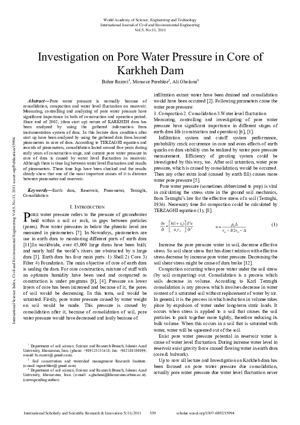 (PDF) Investigation On Pore Water Pressure In Core Of Karkheh Dam