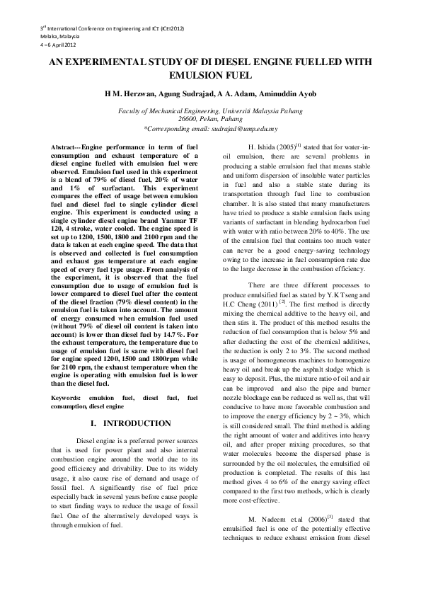 (PDF) An Experimental Study Of Di Diesel Engine Fuelled With Emulsion Fuel