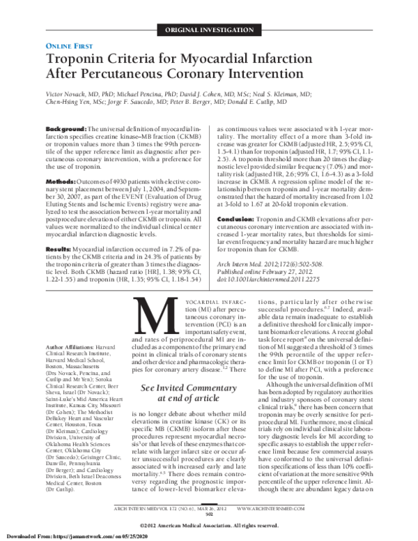 (PDF) Troponin Criteria for Myocardial Infarction After Percutaneous ...