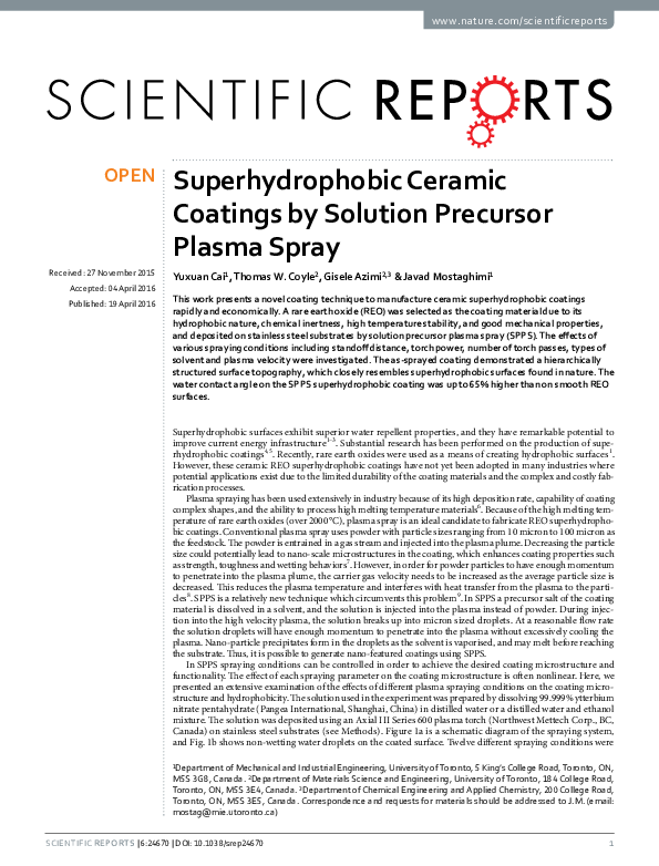 (PDF) Superhydrophobic Ceramic Coatings by Solution Precursor Plasma Spray