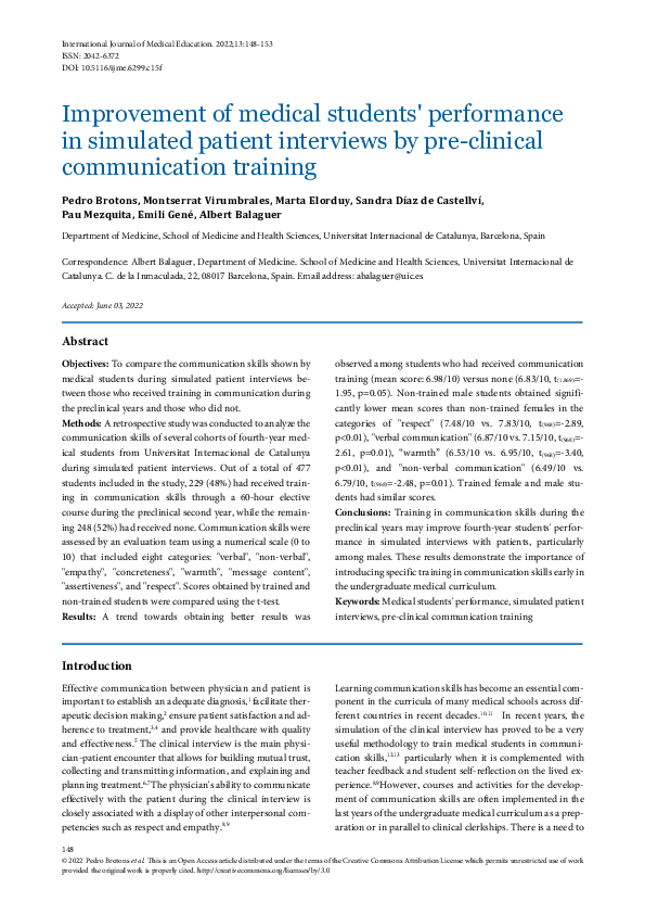 (PDF) Improvement of medical students' performance in simulated patient ...