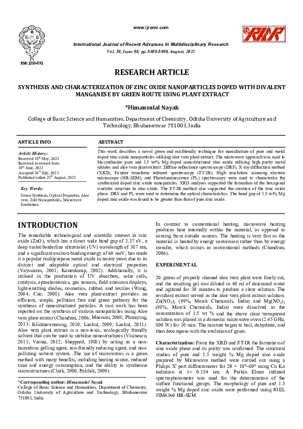 (PDF) SYNTHESIS AND CHARACTERIZATION OF ZINC OXIDE NANOPARTICLES DOPED ...