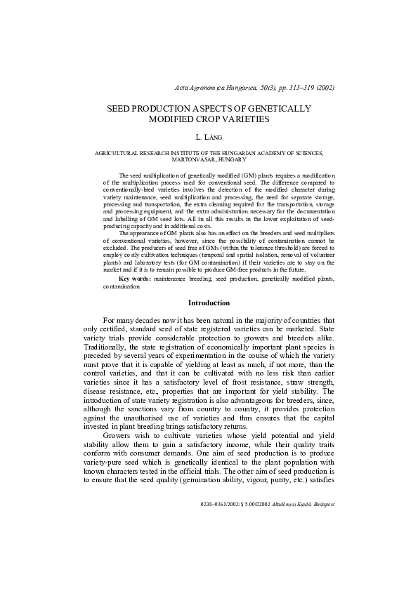(PDF) Seed production aspects of genetically modified crop varieties