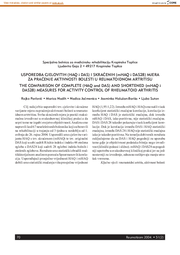 (PDF) The comparison of complete (HAQ and DAS) and shortened (mHAQ i ...