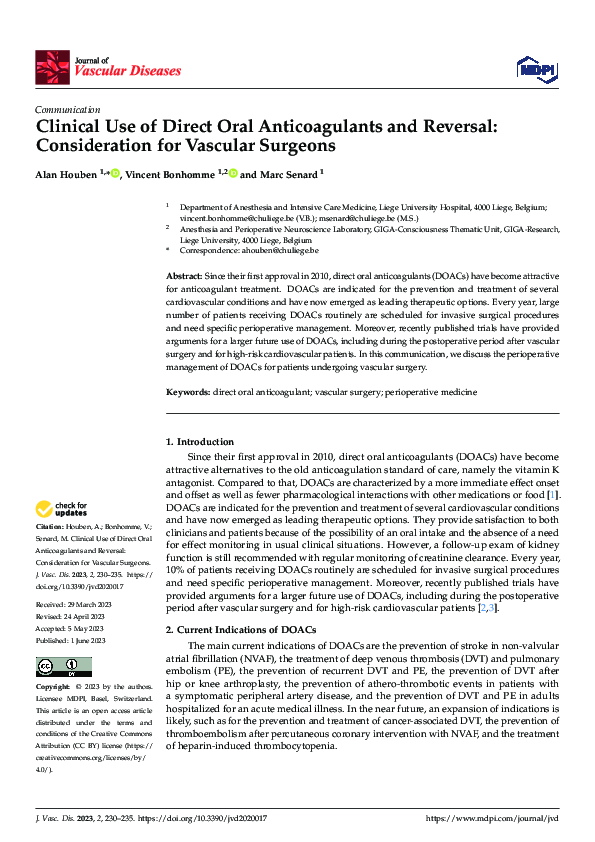 (PDF) Clinical Use of Direct Oral Anticoagulants and Reversal ...