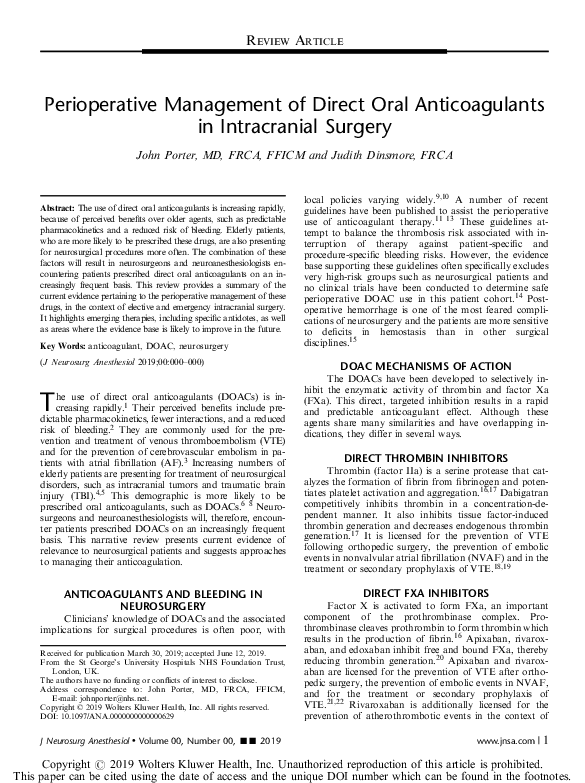 (PDF) [Perioperative management of direct oral anticoagulant in ...