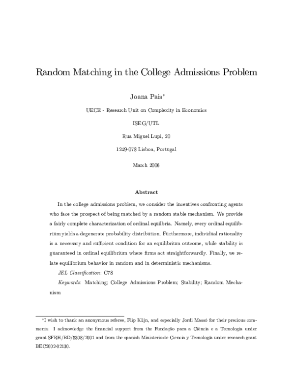 (PDF) Random matching in the college admissions problem