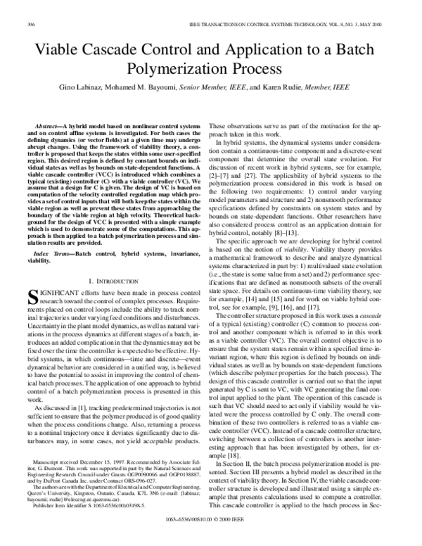 (PDF) Viable cascade control and application to a batch polymerization ...