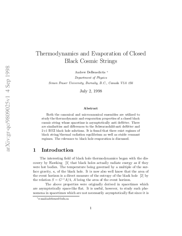 (PDF) Thermodynamics and Evaporation of Closed Black Cosmic Strings