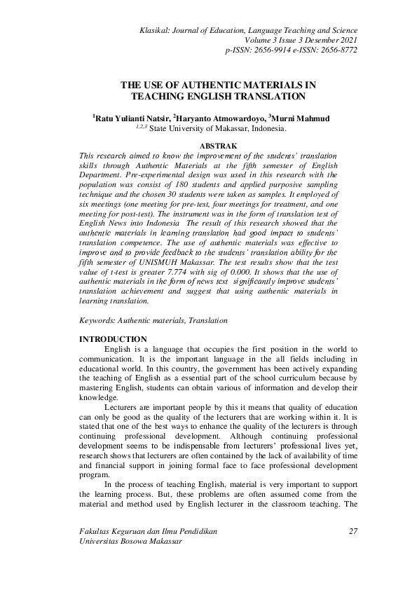 (PDF) The Use of Authentic Materials in Teaching English Translation