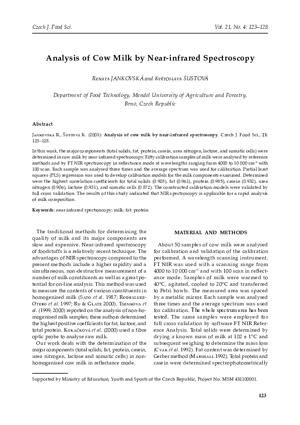 (PDF) Analysis of cow milk by near-infrared spectroscopy
