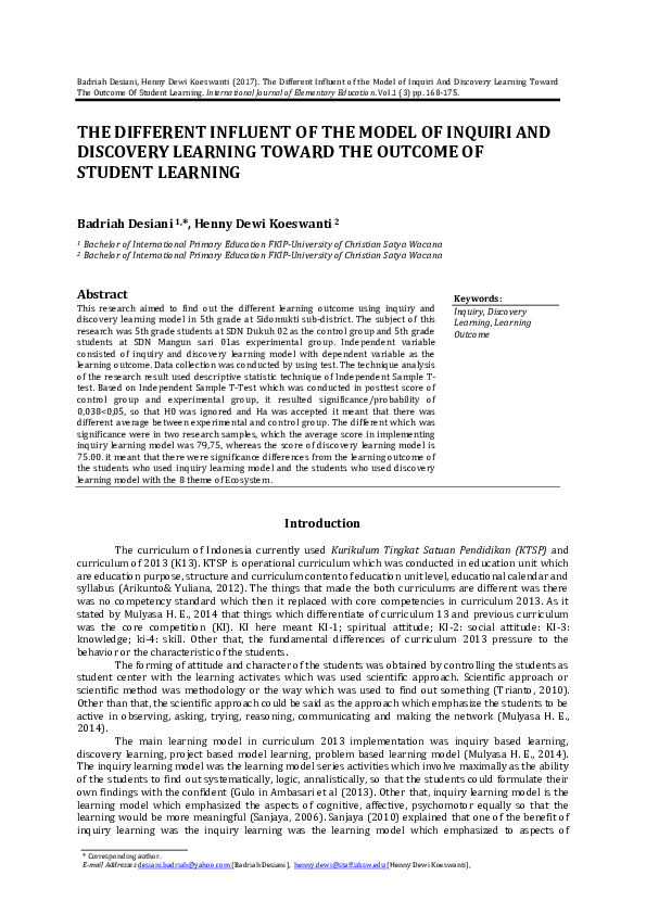 The Different Influent of the Model of Inquiri and Discovery Learning Toward the Outcome of Student Learning