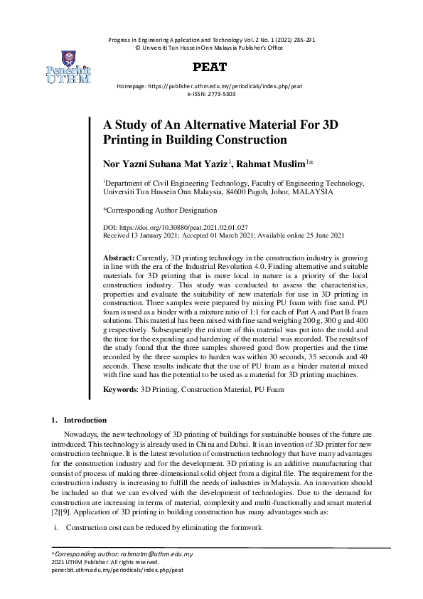 (PDF) A Study of An Alternative Material for 3D printing in Building ...