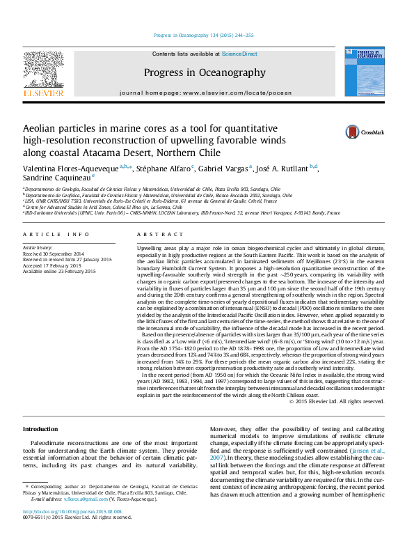 Aeolian particles in marine cores as a tool for quantitative high-resolution reconstruction of upwelling favorable winds along coastal Atacama Desert, Northern Chile